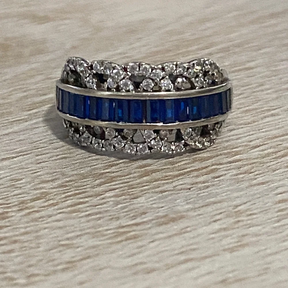 18K White Gold Plated Lab Blue Sapphire & 1/4 TCW Diamond Filigree Ring Sz 7